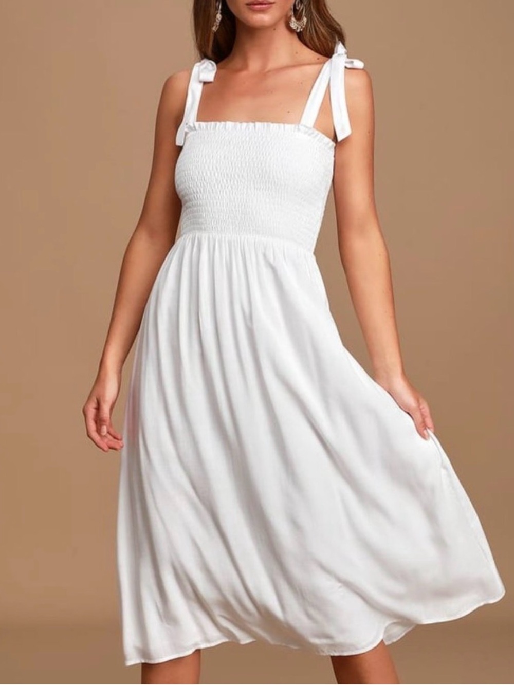 Lulus Looking Up White Smocked Tie-Strap Midi Dress